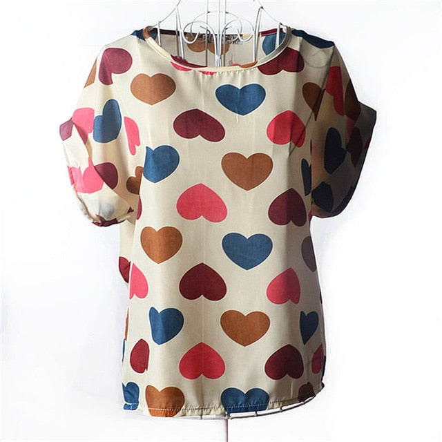 Summer Chiffon Blouse Women Sunflower Birds Print Blouse Stripe Plaid Shirt Cross Love Blouse Short Sleeve Blue Lipstick Shirts