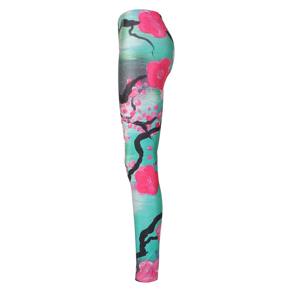 New Arrival Leggings Women Pink Plum Blossom Digital Print Fitness Leggins Plus Size Elastic Workout Pants Legging