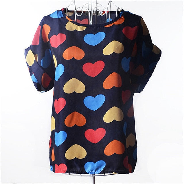 Summer Chiffon Blouse Women Sunflower Birds Print Blouse Stripe Plaid Shirt Cross Love Blouse Short Sleeve Blue Lipstick Shirts