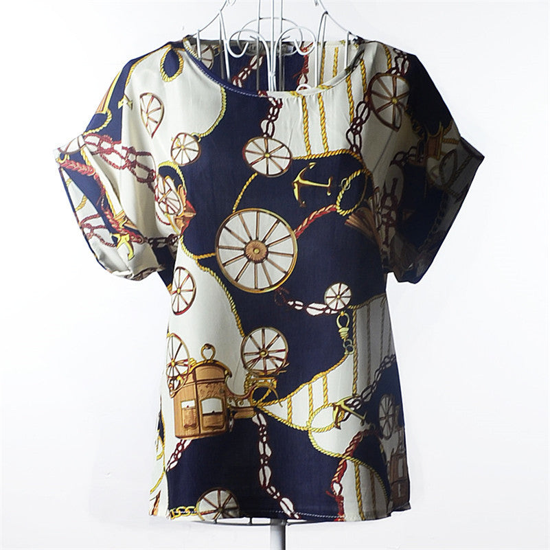 Summer Chiffon Blouse Women Sunflower Birds Print Blouse Stripe Plaid Shirt Cross Love Blouse Short Sleeve Blue Lipstick Shirts