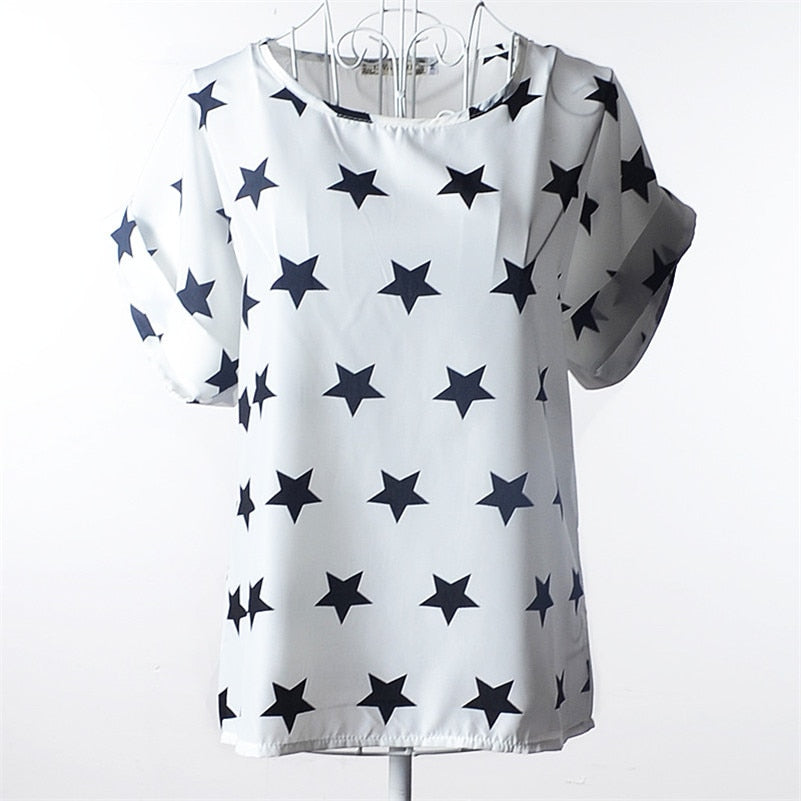 Summer Chiffon Blouse Women Sunflower Birds Print Blouse Stripe Plaid Shirt Cross Love Blouse Short Sleeve Blue Lipstick Shirts