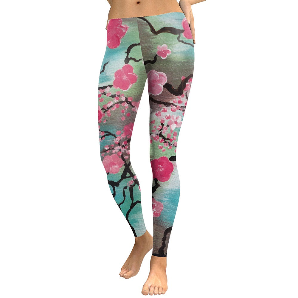 New Arrival Leggings Women Pink Plum Blossom Digital Print Fitness Leggins Plus Size Elastic Workout Pants Legging