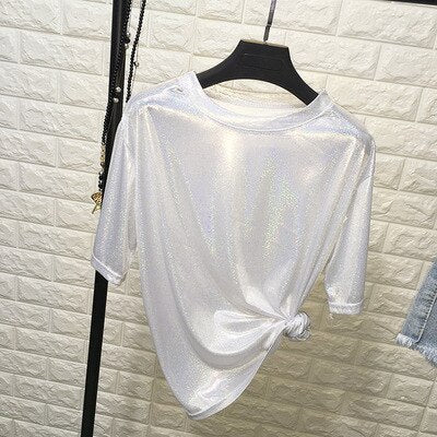 New summer retro style stylish bright silk woman tops shiny loose short sleeve t-shirt sexy club aesthetic harajuku women tshirt