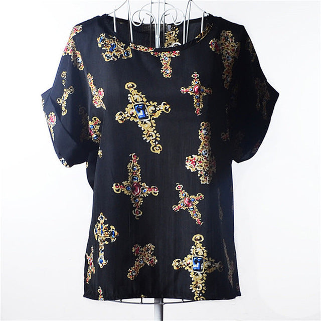Summer Chiffon Blouse Women Sunflower Birds Print Blouse Stripe Plaid Shirt Cross Love Blouse Short Sleeve Blue Lipstick Shirts