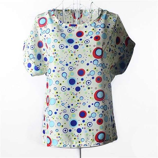 Summer Chiffon Blouse Women Sunflower Birds Print Blouse Stripe Plaid Shirt Cross Love Blouse Short Sleeve Blue Lipstick Shirts