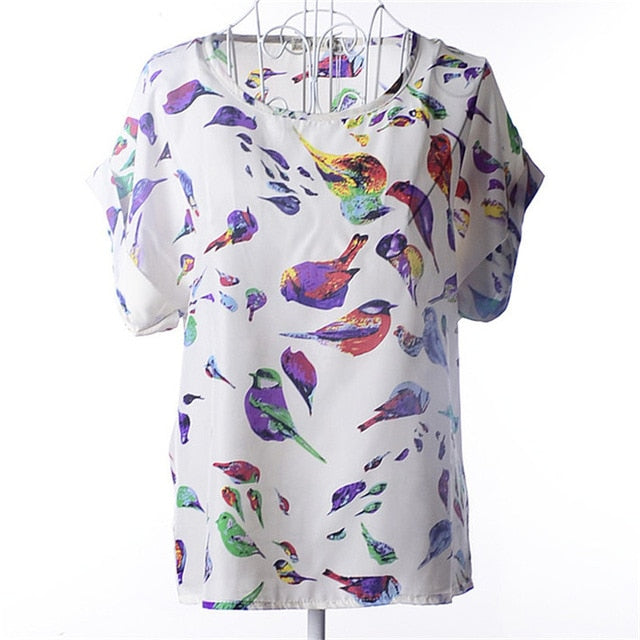 Summer Chiffon Blouse Women Sunflower Birds Print Blouse Stripe Plaid Shirt Cross Love Blouse Short Sleeve Blue Lipstick Shirts