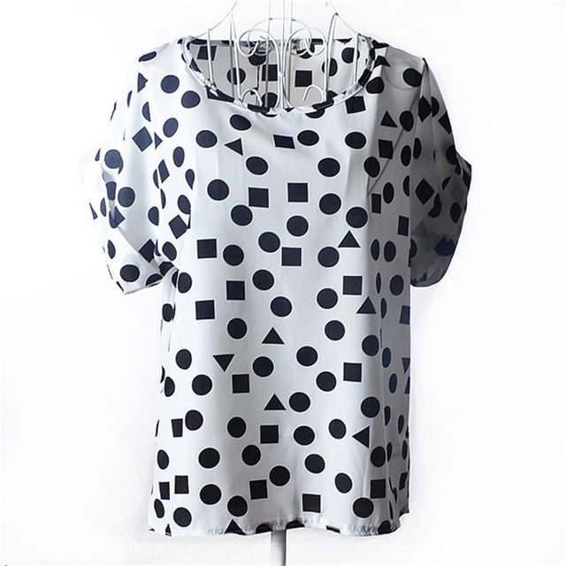 Summer Chiffon Blouse Women Sunflower Birds Print Blouse Stripe Plaid Shirt Cross Love Blouse Short Sleeve Blue Lipstick Shirts