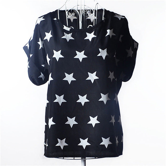 Summer Chiffon Blouse Women Sunflower Birds Print Blouse Stripe Plaid Shirt Cross Love Blouse Short Sleeve Blue Lipstick Shirts
