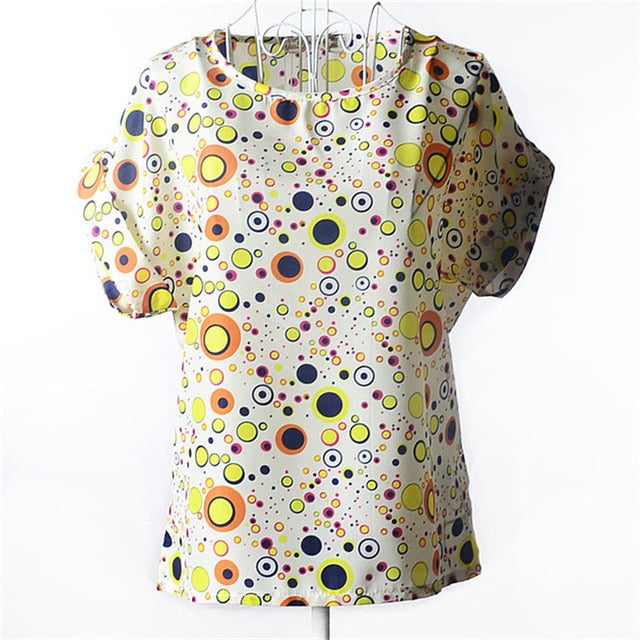 Summer Chiffon Blouse Women Sunflower Birds Print Blouse Stripe Plaid Shirt Cross Love Blouse Short Sleeve Blue Lipstick Shirts
