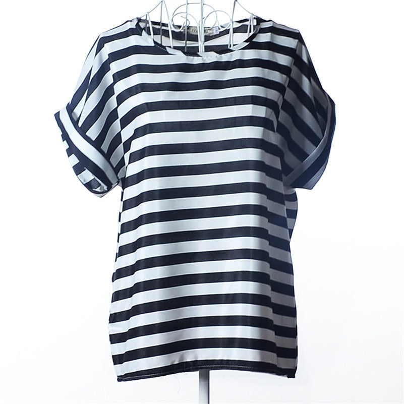 Summer Chiffon Blouse Women Sunflower Birds Print Blouse Stripe Plaid Shirt Cross Love Blouse Short Sleeve Blue Lipstick Shirts