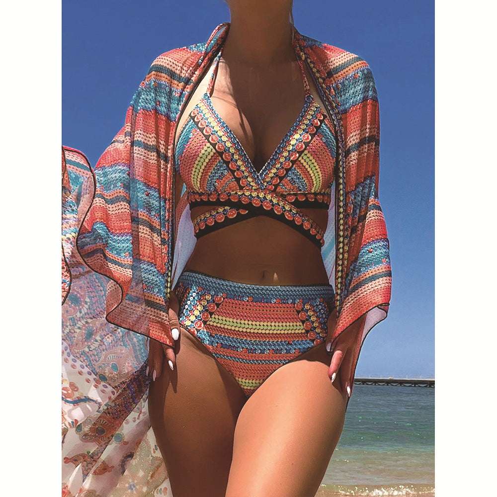 Three piece swimsuit women's tight bikini cross tie high waisted sun protection swimsuit women
