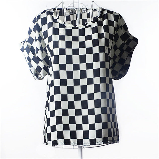 Summer Chiffon Blouse Women Sunflower Birds Print Blouse Stripe Plaid Shirt Cross Love Blouse Short Sleeve Blue Lipstick Shirts