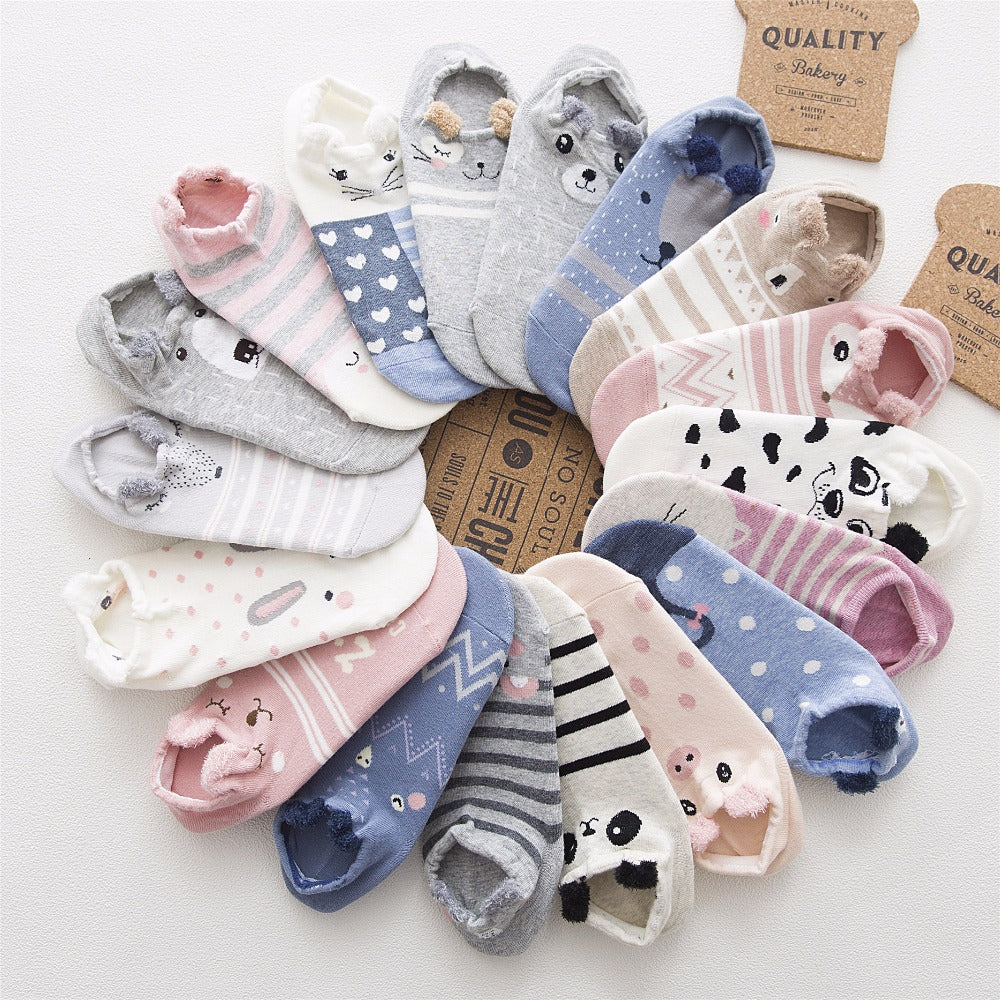 Cute Animal Cotton Socks Female Kawaii Cat With Dog Summer Short Socks Slippers Women Casual Soft Funny Boat Socks