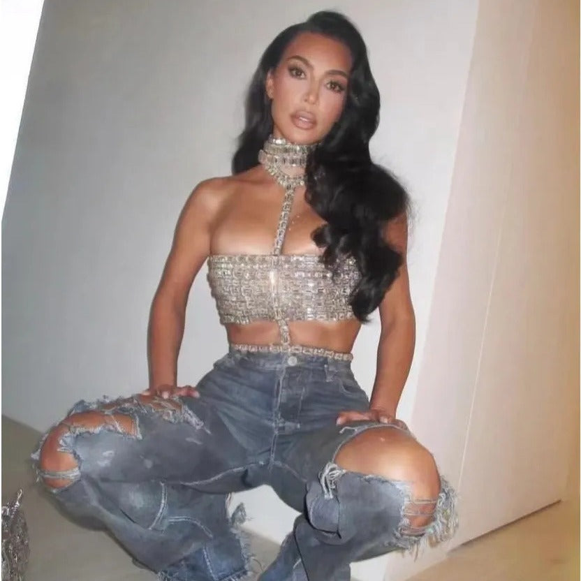 Flash Diamond Fashion Neck Chain Bra Top