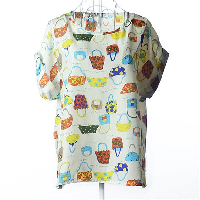 Summer Chiffon Blouse Women Sunflower Birds Print Blouse Stripe Plaid Shirt Cross Love Blouse Short Sleeve Blue Lipstick Shirts