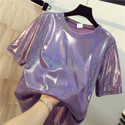 New summer retro style stylish bright silk woman tops shiny loose short sleeve t-shirt sexy club aesthetic harajuku women tshirt