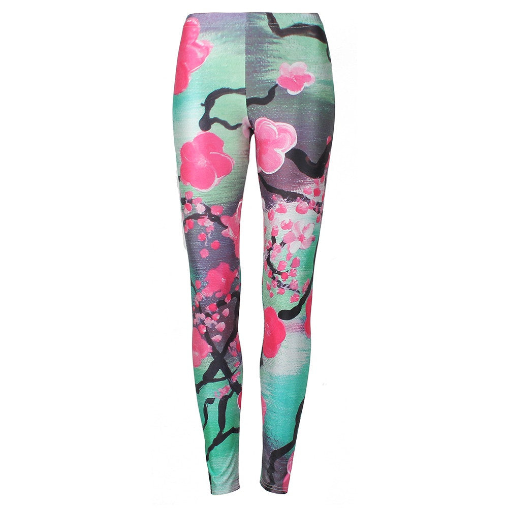 New Arrival Leggings Women Pink Plum Blossom Digital Print Fitness Leggins Plus Size Elastic Workout Pants Legging