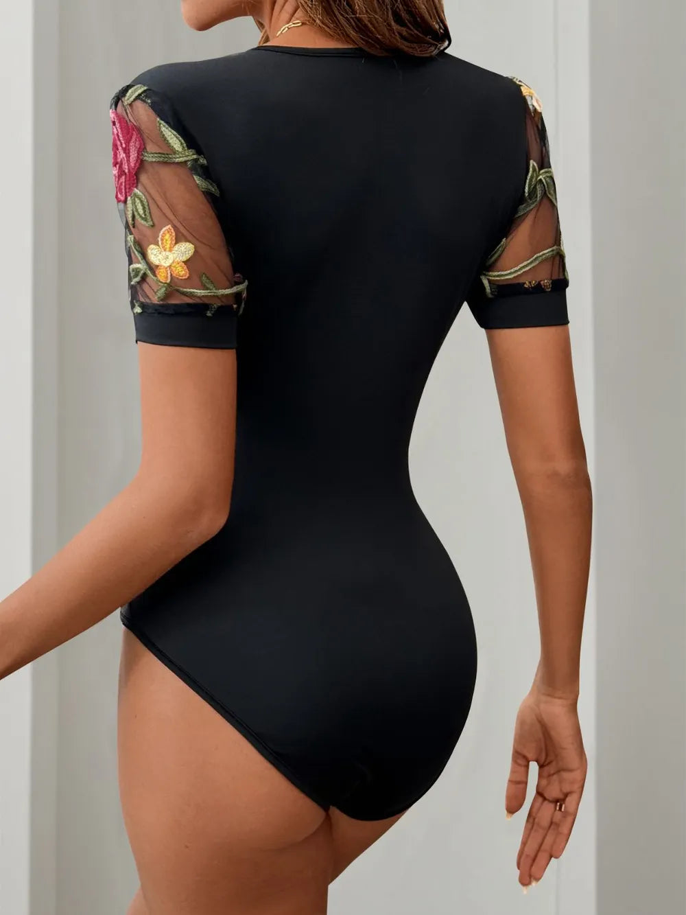 Embroidered V-Neck Floral Bodysuit