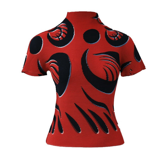 Color Block Printting Pleated T-Shirt For Women Summer New Fashion Short Sleeve Slim Elastic Tops
