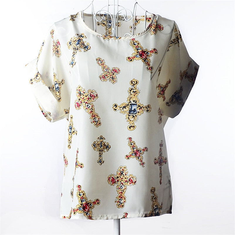 Summer Chiffon Blouse Women Sunflower Birds Print Blouse Stripe Plaid Shirt Cross Love Blouse Short Sleeve Blue Lipstick Shirts