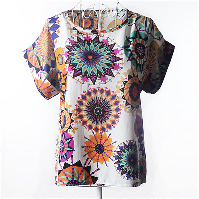 Summer Chiffon Blouse Women Sunflower Birds Print Blouse Stripe Plaid Shirt Cross Love Blouse Short Sleeve Blue Lipstick Shirts