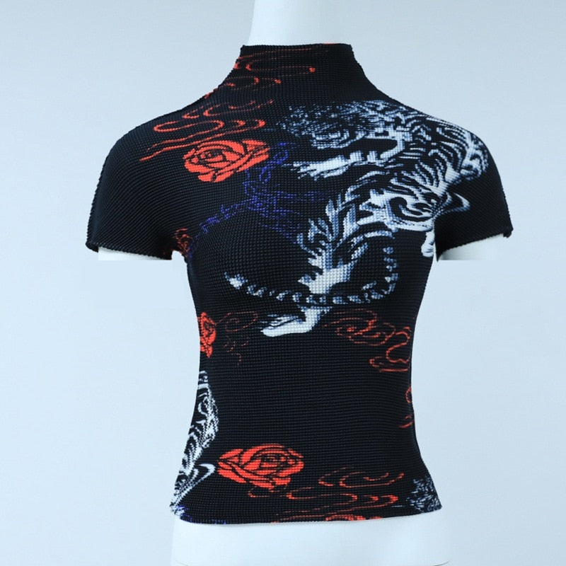 Color Block Printting Pleated T-Shirt For Women Summer New Fashion Short Sleeve Slim Elastic Tops