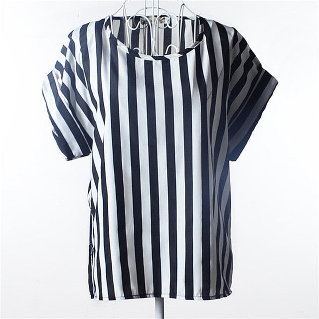 Summer Chiffon Blouse Women Sunflower Birds Print Blouse Stripe Plaid Shirt Cross Love Blouse Short Sleeve Blue Lipstick Shirts