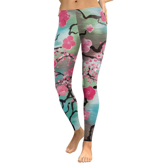 New Arrival  Leggings Women Pink Plum Blossom Digital Print Fitness Leggins Plus Size Elastic Workout Pants Legging