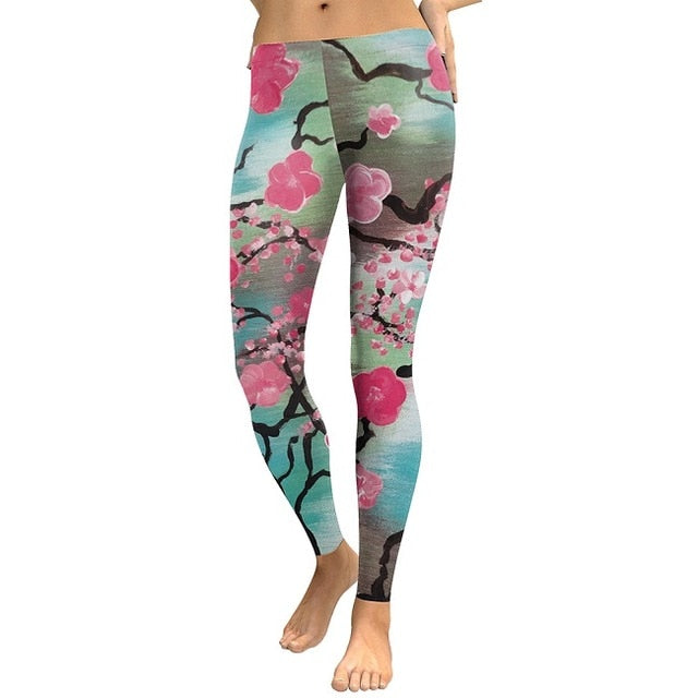New Arrival  Leggings Women Pink Plum Blossom Digital Print Fitness Leggins Plus Size Elastic Workout Pants Legging