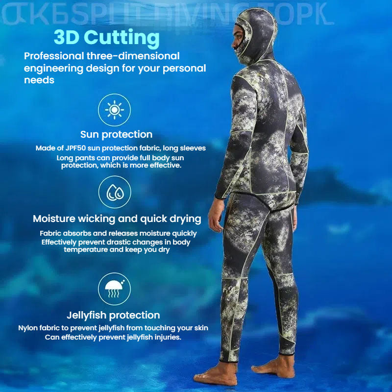 New 3mm Camo Spearfishing Wetsuit - Men's Long Sleeve Diving Suit. Fission Neoprene, Keeps Warm. Includes Top & Pants