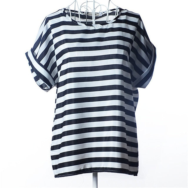 Summer Chiffon Blouse Women Sunflower Birds Print Blouse Stripe Plaid Shirt Cross Love Blouse Short Sleeve Blue Lipstick Shirts