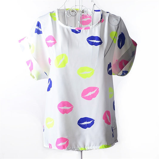 Summer Chiffon Blouse Women Sunflower Birds Print Blouse Stripe Plaid Shirt Cross Love Blouse Short Sleeve Blue Lipstick Shirts