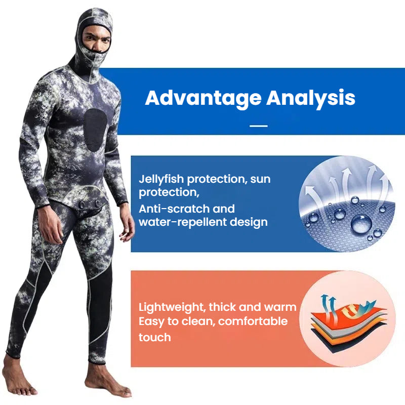 New 3mm Camo Spearfishing Wetsuit - Men's Long Sleeve Diving Suit. Fission Neoprene, Keeps Warm. Includes Top & Pants