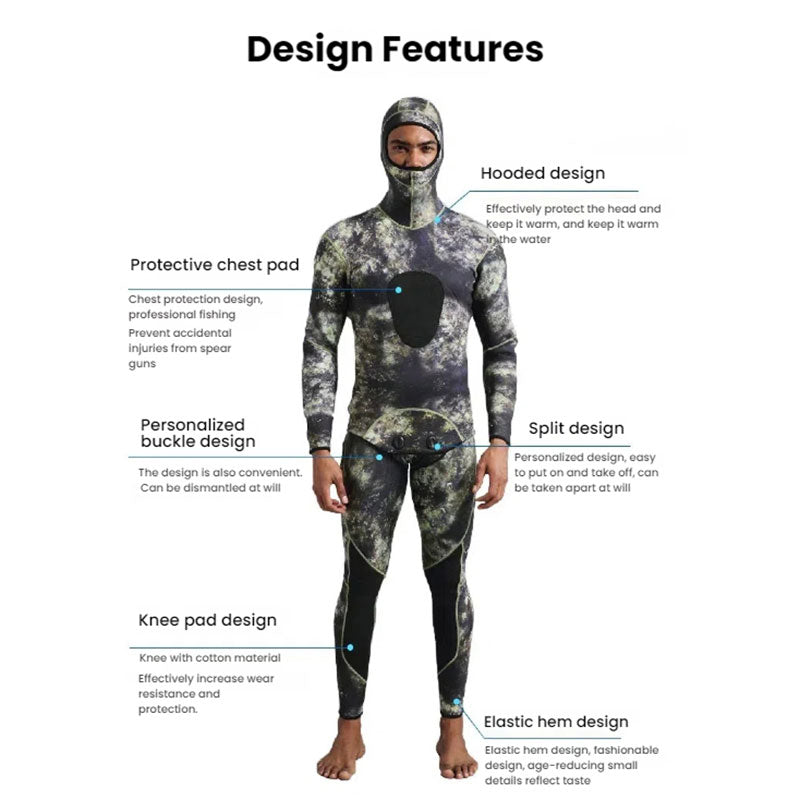 New 3mm Camo Spearfishing Wetsuit - Men's Long Sleeve Diving Suit. Fission Neoprene, Keeps Warm. Includes Top & Pants