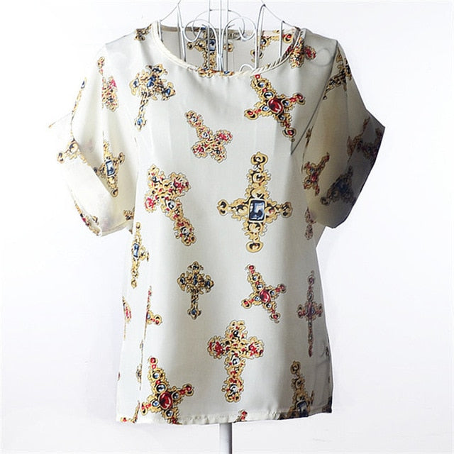 Summer Chiffon Blouse Women Sunflower Birds Print Blouse Stripe Plaid Shirt Cross Love Blouse Short Sleeve Blue Lipstick Shirts
