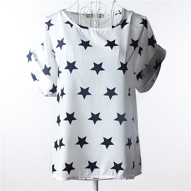Summer Chiffon Blouse Women Sunflower Birds Print Blouse Stripe Plaid Shirt Cross Love Blouse Short Sleeve Blue Lipstick Shirts