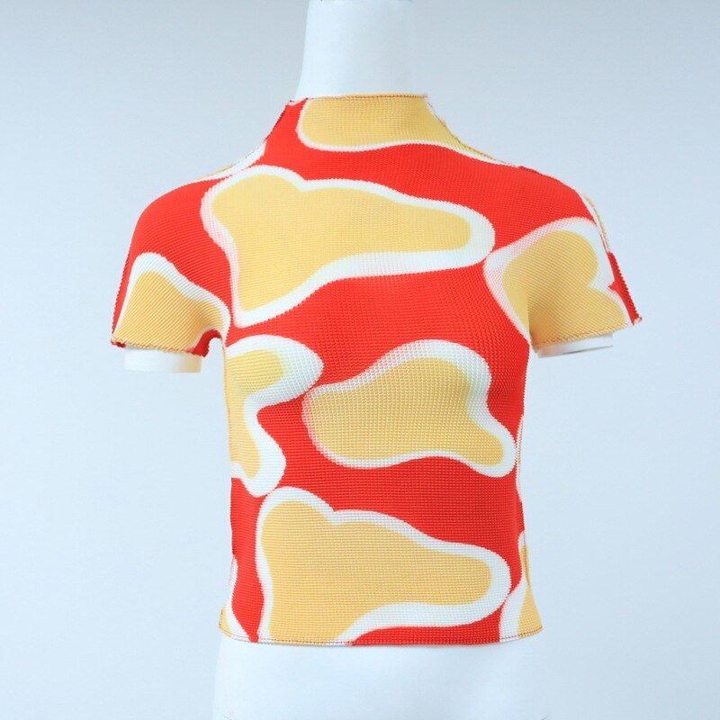 Color Block Printting Pleated T-Shirt For Women Summer New Fashion Short Sleeve Slim Elastic Tops