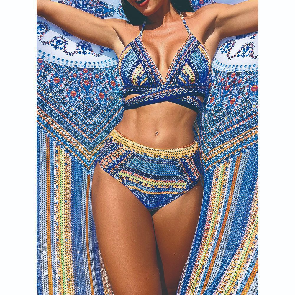Three piece swimsuit women's tight bikini cross tie high waisted sun protection swimsuit women