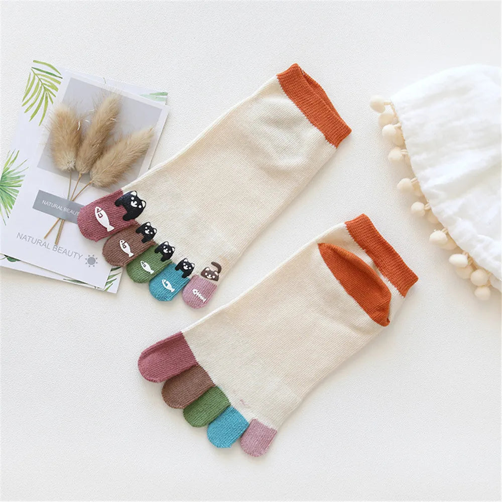 Women Men Cute Print Happy Socks Colorful Toe Funny Five Finger Harajuku Socks Cotton Funny Socks Skarpetki Chaussette Femme